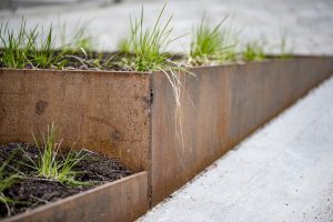 På bildet ser vi en blomsterkasse med planter som tåler både å stå i vann i kortere perioder, og i tørr jord når det ikke regner.