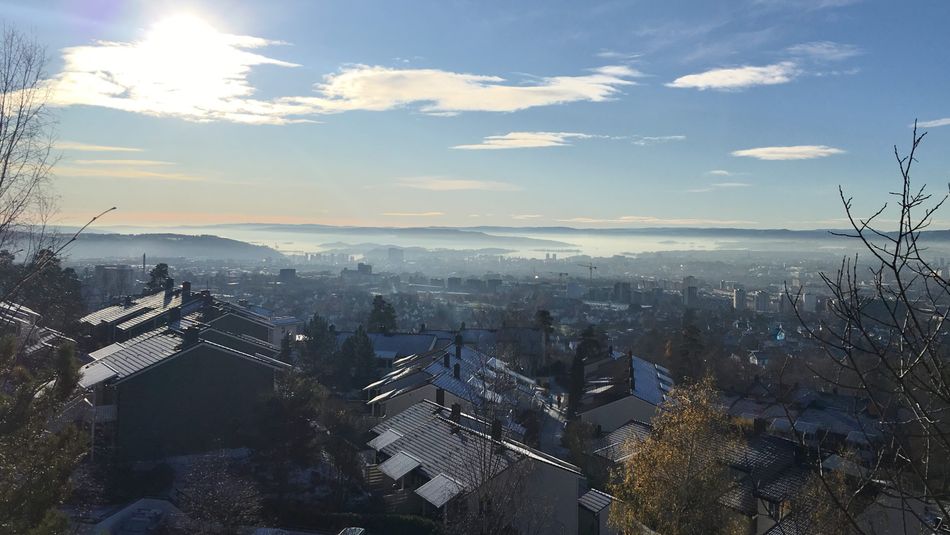 Skyline-bilde over Oslo. Tatt fra Akebakkeskogen i Oslo. Viser oversikt over byen og Oslofjorden.