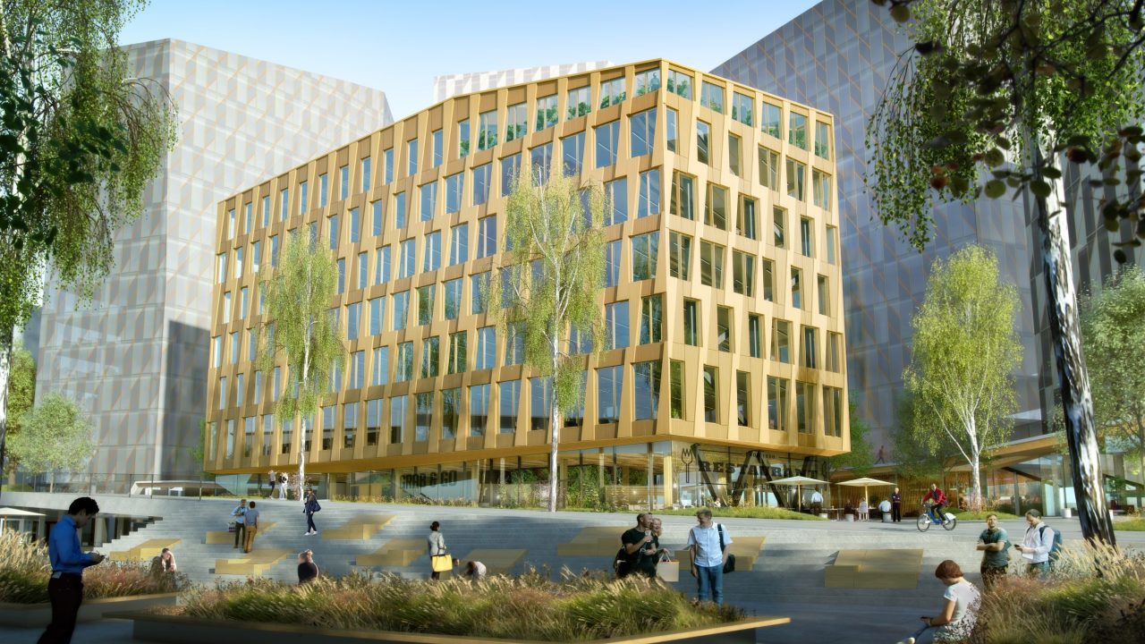 Illustrasjon av Valle Wood. Et kontorbygg i massivtre.