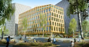 Illustrasjon av Valle Wood. Et kontorbygg i massivtre.