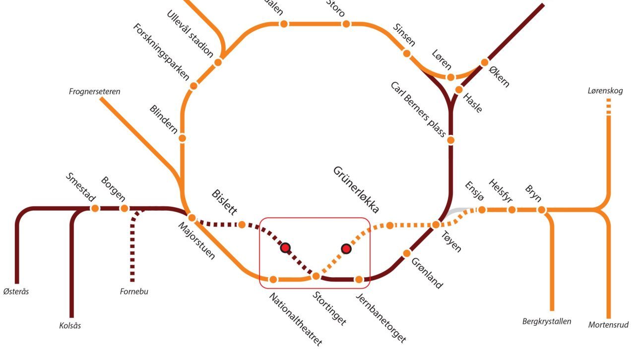 Illustrasjon av nye t-baneruter i Oslo