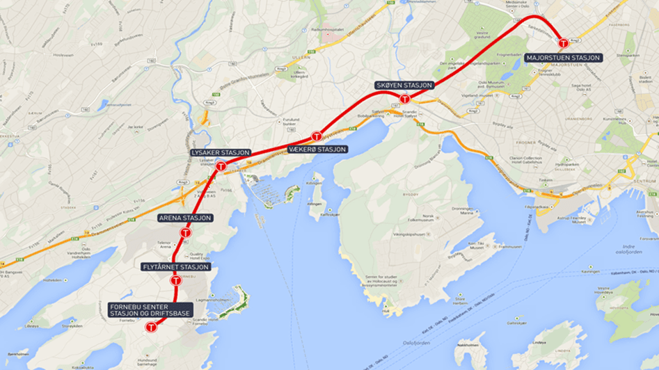 Kart over traseen til Fornebubanen