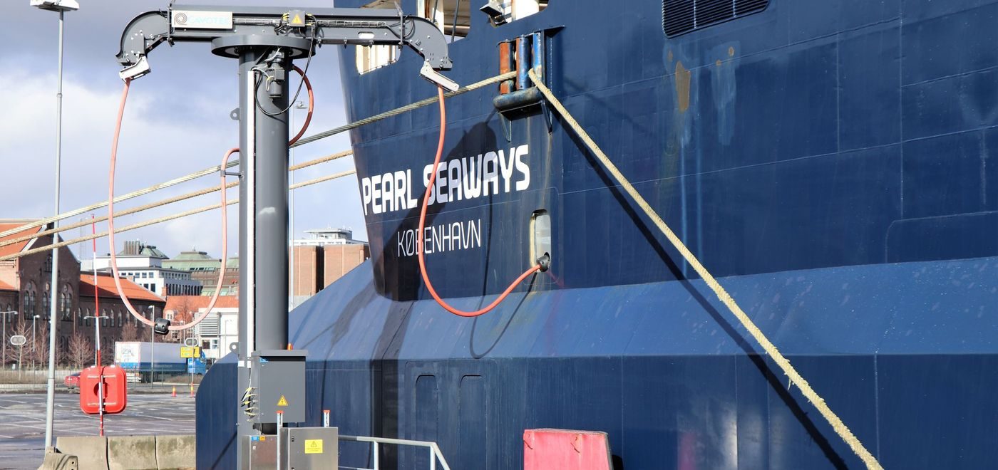 The Oslo-Copenhagen ferry connects to shore power while docking in Oslo.