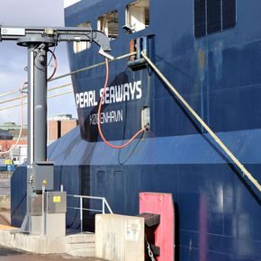 The Oslo-Copenhagen ferry connects to shore power while docking in Oslo.