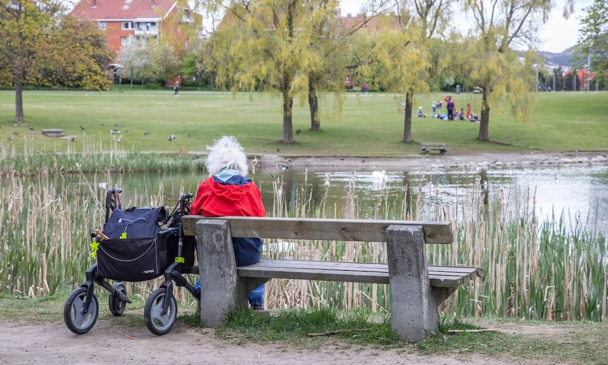 Omvei rundt Hovindammen. Dame sitter på benk.